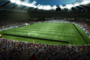 Opening season of games. Traditional soccer football stadium with crowd stands before match. Concept of sport, art, championship. Poster for ad, design. 3D model