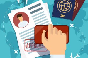 Visa stamping. Passport or visa application. Travel immigration stamp, vector illustration